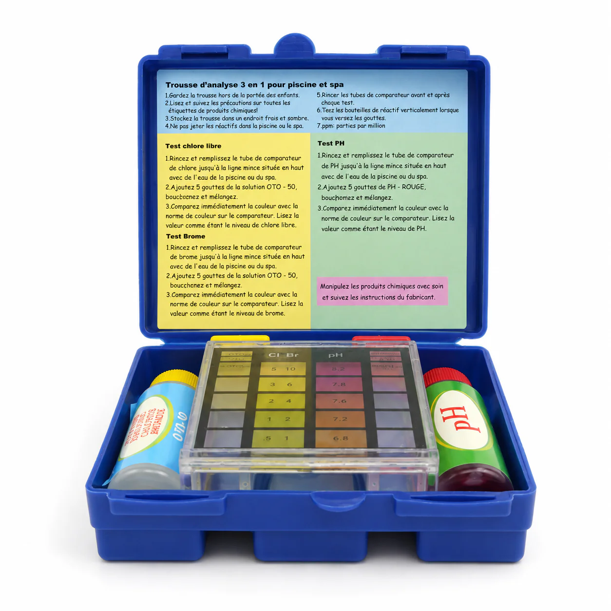 Trousse d’analyse 3 en 1 liquide pour piscine et spa au brome, chlore et pH - Gouttelettes PTK01B PW - Image 2